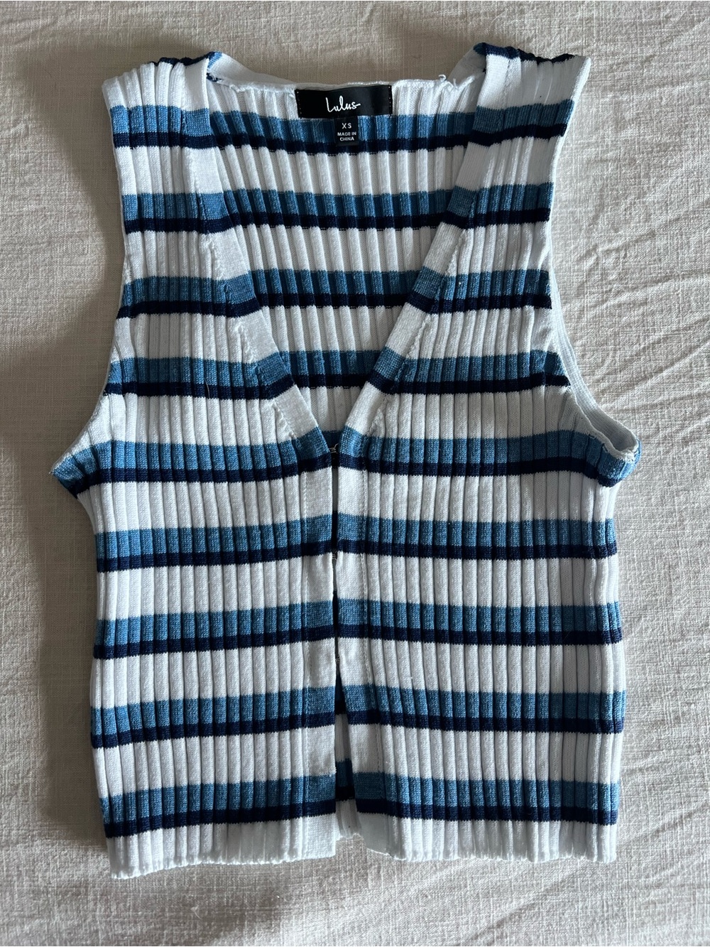 Lulu's White Navy and Blue Ribbed Stripe V-Neck Tank